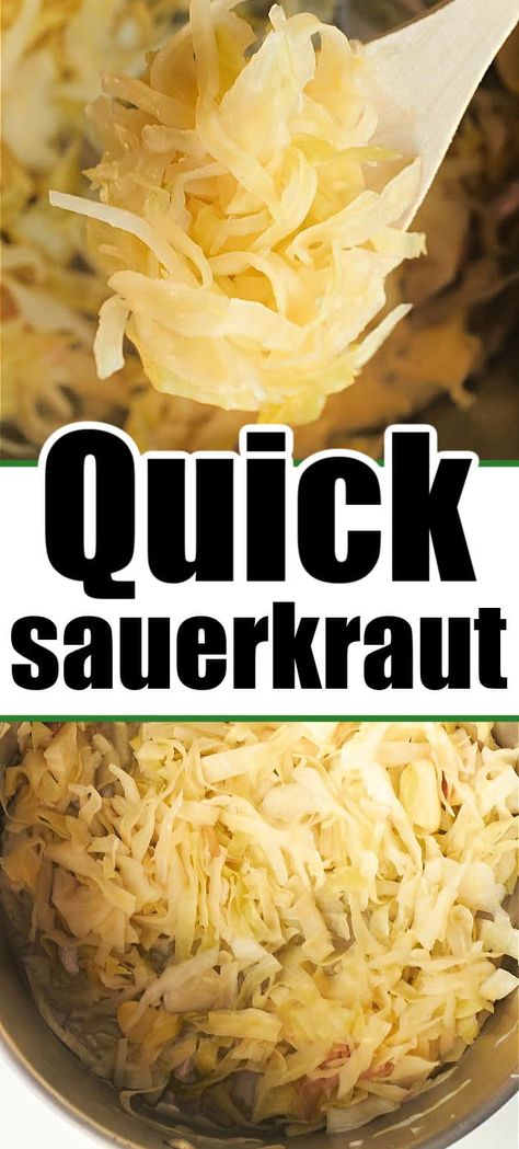 This quick sauerkraut recipe can be made in 30 minutes and taste like it had been marinating for days. Killer overnight sauerkraut recipe. Canned Sauerkraut Recipes, German Sauerkraut Recipes, Sourkrout Recipes, Quick Sauerkraut, Canning Sauerkraut, German Sauerkraut Recipe, Easy Sauerkraut Recipe, Making Sauerkraut, Sauerkraut Recipe