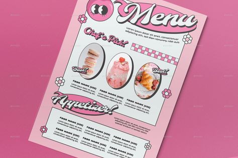 Pink Retro Spring Food Menu Diner Graphic Design, Pink Menu Design, Pink Infographic, Food Pamphlet, Retro Menu Design, Creative Menu Design, Menu Graphic Design, Retro Design Graphic, Pink Restaurant