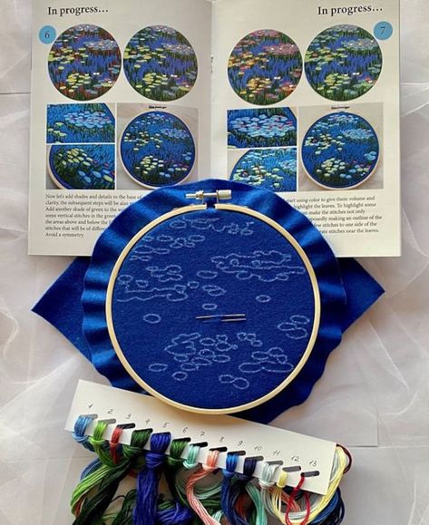 Make your own embroidery hoop art inspired by great Claude Monet's "Water Lilies" with full DIY kit.  The kit includes: - embroidery hoop 6 inch (16 cm) for your thread painting - 1 sheet of blue felt with already transferred pattern - 1 sheet of blue felt for backing - palette with all needed threads - booklet with full step-by-step tutorial (scheme + live photos, how to finish embroidered hoop) - 2 needles Monet Embroidery, Claude Monet Water Lilies, Artist Study, Embroidered Hoop, Diy Kits For Adults, Monet Water Lilies, Live Photos, Hand Embroidery Kit, Thread Painting