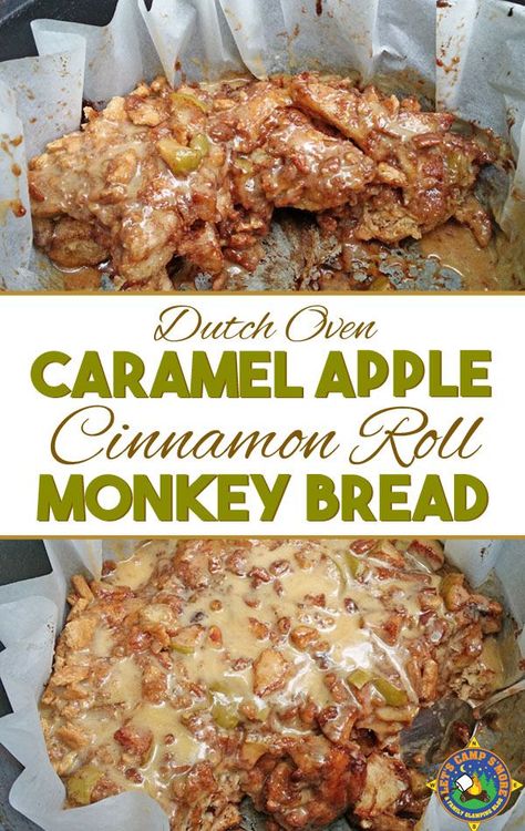 Dessert For Camping, Campfire Monkey Bread, Dutch Oven Desserts, Backpacking Recipes, Dutch Oven Camping Recipes, Cinnamon Roll Monkey Bread, Dutch Oven Camping, Camping Desserts, Cinnamon Roll Dough