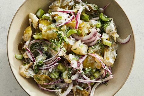 Smashed Pickle Salad Recipe - NYT Cooking Tina Salad Recipes, Dill Pickle Salad, Salad Celery, Pickles Cucumbers, Pickle Salad, Sour Cream Dressing, Smashed Cucumber, Cucumber Salads, Smashed Cucumber Salad