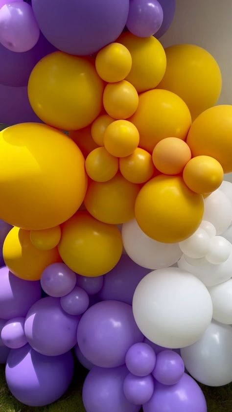 Yellow Double Stuffed Balloons, Purple And Yellow Balloon Arch, Double Stuffed Balloons, Football First Birthday, Stuffed Balloons, Yellow Balloons, Balloon Arch, Balloon Garland, Event Rental