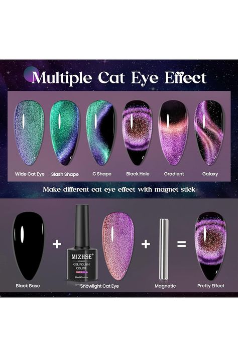 MIZHSE 9D Cat Eye Gel Nail Polish, 2 Colors Cyan and Purple Holographic Galaxy Cateye Magnetic Nail Polish Gel, Magic Cateye Manicure Nail Art Set 10ML Gel Cat Eye Nails, Cat Eye Nails Short, Magnetic Nail Polish Designs, Purple Cat Eye Nails, Nail Art Purple, Moms Nails, Purple Gel Nails, Cat Eye Nails Polish, Purple Holographic