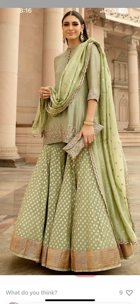 Mint Pakistani Outfit, Banarasi Sharara Designs, Chanderi Lehenga Designs, Green Indian Dress, Sharara Designs For Wedding, Sangeet Dresses, Hand Embroidered Skirt, Elegant Lehenga, Green Sharara