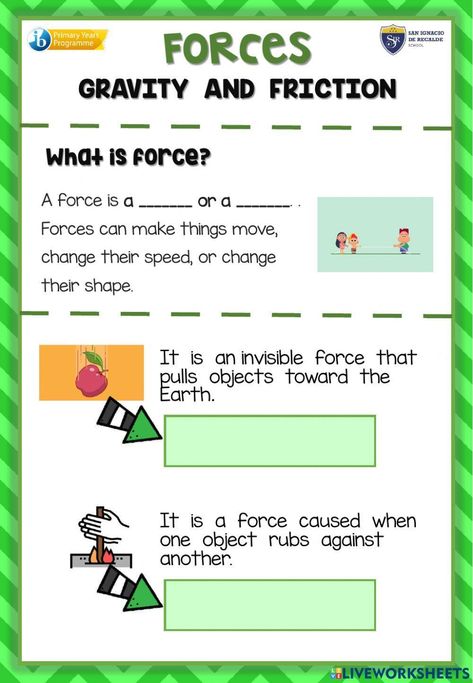 Forces, gravity and Friction Friction Worksheet, Gravity And Friction, Grade 2 English, Force Activities, Work Sheet, 11th Grade, School Reading, Activity Sheets, School Subjects