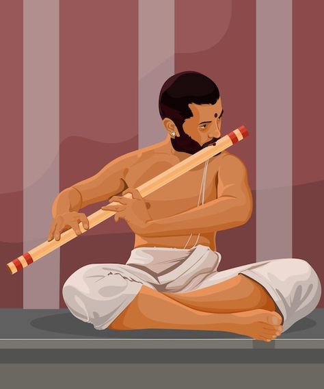 Indian musician playing flute instrument | Premium Vector #Freepik #vector #guitar-player #play-guitar #guitarist #musician Indian Instruments Illustration, Indian Music Art, Indian Musical Instruments Painting, Indian Music Illustration, Sketched People, Musical Instruments Aesthetic, Musician Illustration, Tamil Aesthetic, Flute Drawing