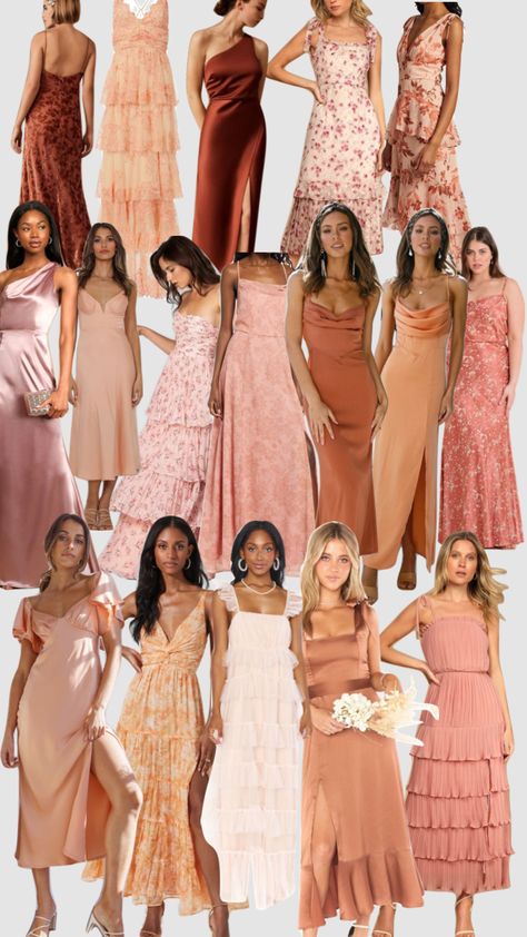 Bridesmaid dress inspiration #wedding #bridesmaids Neutral Spring Bridesmaid Dresses, Beach Bridesmaid Colors, Peach Dress Outfit Wedding, Summer Bridesmaid Dresses Mismatched, Sunset Mismatched Bridesmaid Dresses, Pink Shades Bridesmaid Dresses Mix Match, Mismatched Light Pink Bridesmaid Dresses, Rust And Blush Wedding, Peach Color Bridesmaid Dresses