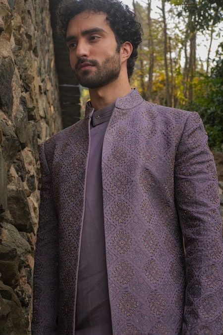 Buy Purple Linen Silk Embroidered Kashmiri Jamawar Open Sherwani Set For Men by Jatin Malik Online at Aza Fashions. Open Sherwani, Jatin Malik, Collar Kurta, Indian Wedding Clothes For Men, Tapered Pant, Purple Linen, Dhoti Pants, Royal Look, Haldi Ceremony