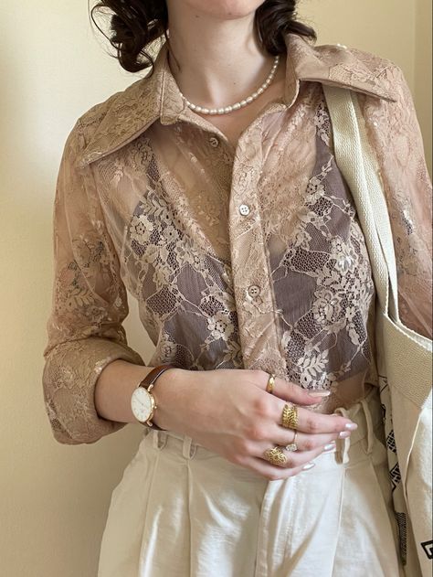 Neutral, neutral tones, lace, fashion inspo, minimal style, minimalist Lace Button Up Shirt Outfits, Lace Button Up, Lace Shirt Outfit, Beige Shirt, Beige Outfit, Lace Button, Brown Pants, Fashion 2024, Brown Top