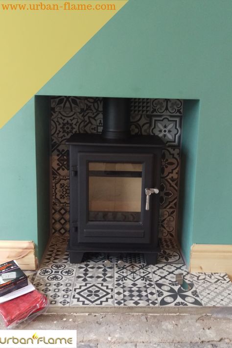 Stove Fireplace Ideas Tiles, Tiles Behind A Wood Burner, Wardrobe Space Ideas, Mosaic Tile Fireplace Hearth, Tiles Log Burner, Tiled Fireplace Hearth, Tiled Fireplace Woodburner, Tiled Hearth, Wood Burner Tiled Hearth