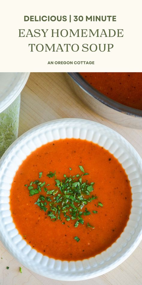 This easy, no-milk homemade tomato soup recipe is a game-changer! Made with canned tomatoes and ready in 30 minutes, it's a delicious, nutritious, and satisfying meal - say goodbye to cans! Homemade Tomatoes Soup Recipes, Easy Tomato Soup With Canned Tomatoes, Tomato Soup Easy Canned Tomato Sauce, Quick Tomato Soup With Canned Tomatoes, Homemade Tomato Soup From Frozen Tomatoes, Canned Tomato Soup Upgrade, Tomato Soup With Canned Tomatoes, Best Homemade Tomato Soup, Quick Tomato Soup