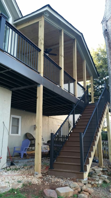 porch – The Deck Builder Stairs Small Space, 2 Story Deck, Custom Deck Railing, 2nd Story Deck, Yard Renovation, Deck Patterns, Deck Bench, Pressure Treated Deck, House Porch