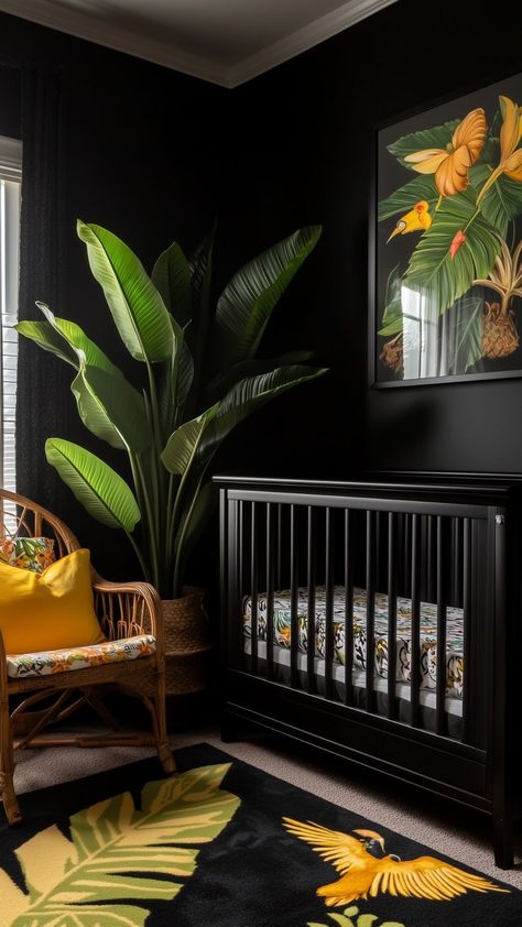 A tropical-themed nursery with a black crib, lush green plants, botanical artwork featuring tropical birds, a rattan chair with a yellow pillow, and a bold rug with leaf and bird patterns, creating a vibrant and dramatic atmosphere. British Colonial Nursery, Nursery With Black Furniture, Jungle Nursery Theme Boy, Dark Nursery Ideas, Vibrant Nursery, Moody Nursery, Jungle Baby Room, Banana Leaf Decor, Dark Nursery