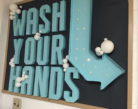 Wash Your Hands Bulletin Board, School Nurse Bathroom, Bathroom Bulletin Board Ideas, Handwashing Bulletin Board, Nurse Bulletin Board Ideas, Office Bulletin Board Ideas, Office Bulletin Board, School Clinic, Nurse Bulletin Board