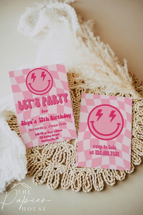 Retro Birthday Party Invitations, Pink Smiley Face Birthday Cake, Pink Checkered Party Decor, Pink Happy Face Birthday Party, Smiley Birthday Invitation, 13th Birthday Party Invitations For Girl, Preppy Birthday Invites, Preppy Birthday Party Ideas 12, Pink Smiley Party