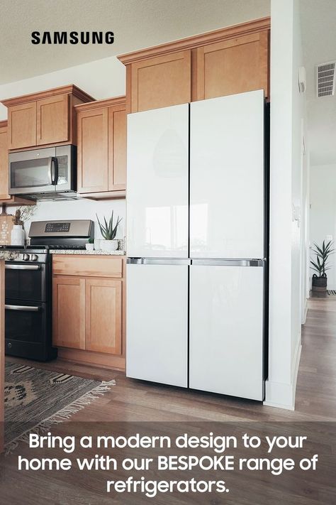 Natural Wood And White Kitchen, White Refrigerator Kitchen, Samsung Bespoke Refrigerator, Wood And White Kitchen, Bespoke Refrigerator, Custom Refrigerator, White Refrigerator, Stylish Kitchen Design, Samsung Home