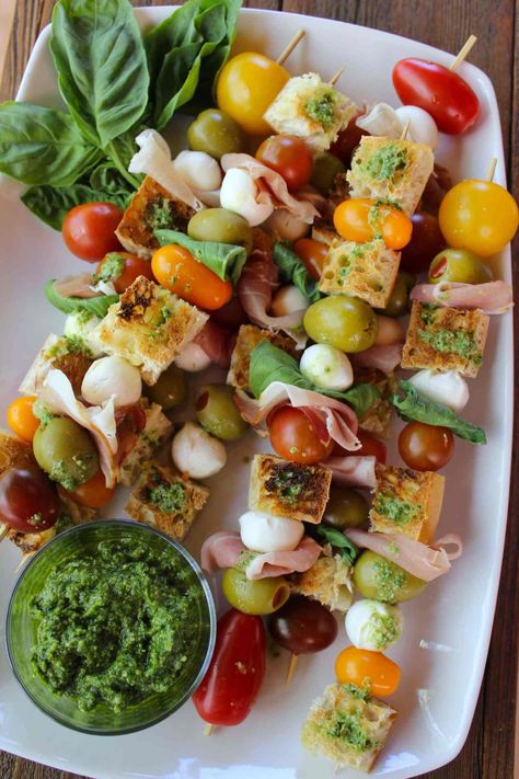 Antipasto Skewers with Pesto Dipping Sauce - So Happy You Liked It Pesto Dipping Sauce, The Best Appetizers, Heavy Appetizers, Charcuterie Cups, Antipasto Skewers, Basil Pesto Recipes, Caprese Skewers, Skewer Recipes, Reception Food