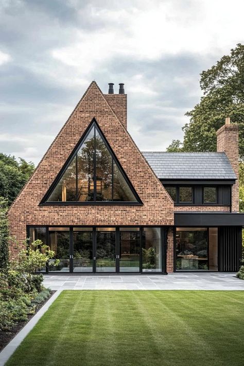 Triangular roof brick house with big windows and lawn. Uncover the delightful quirks and sleek designs of modern British houses, where tradition cheekily shakes hands with innovation. House With Big Windows Exterior, Houses With Big Windows, Modern British House, House With Big Windows, Cottage Houses, British Houses, Modern Castle, Grass Roof, British Architecture