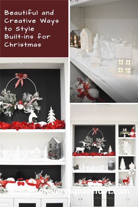 Styling your built-ins this holiday season should be fun!! You can style built-ins many different ways. The color scheme we chose was red, white and black. #christmas #christmasdecor #christmasbuiltins #christmasfireplace #Fireplacedecorforchristmas #christmasdecorideas #christmascrafts #holidaydecor Decorating Built Ins, White And Black Christmas, Fireplace For Christmas, Christmas Coffee Table Decor, Affordable Christmas Decorations, Red Christmas Decor, Christmas Picks, Swedish Christmas, Christmas Fireplace