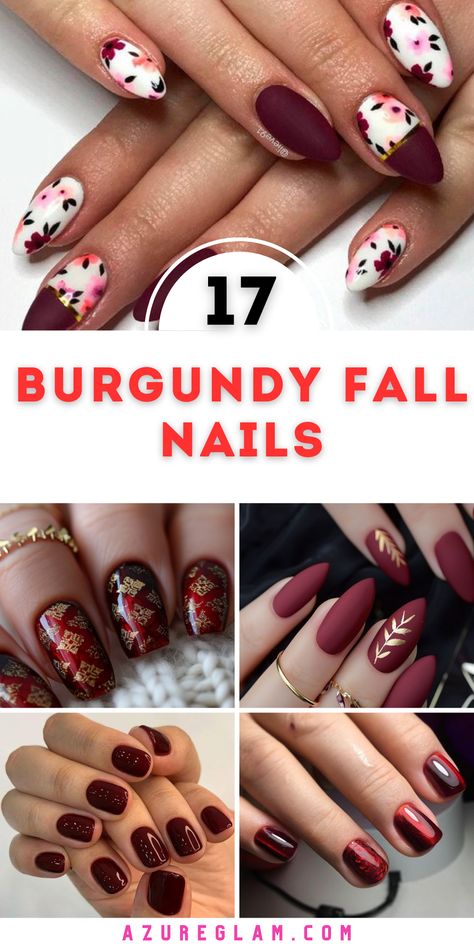 Explore the latest 17 trends in burgundy fall nails, from classic elegance to bold artistic designs. Discover a variety of designs for 2024, including dark, brown, and gold accents. Whether you prefer acrylic, almond, or short nails, our collection has something for everyone. Embrace fall with leaves, olive green, and matte finishes. Burgundy Fall Nails Acrylic, Burgundy Pumpkin Nails, Fall Almond Nails Ideas Burgundy, Cranberry Fall Nails, Short Burgundy Nails With Design, Fall Nails Burgundy Gold, Fall Maroon Nails Design, Maroon Fall Nail Designs, Fall Nail Designs Burgundy