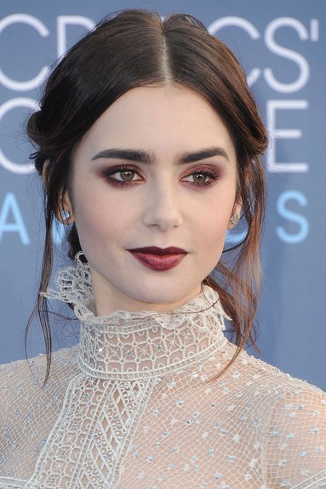 Lily Collins Makeup, Blood Red Lipstick, Lipstick Inspiration, Lily Collins Hair, Elie Saab Gowns, Wear Red Lipstick, Thick Eyebrows, Stunning Makeup, Dark Makeup