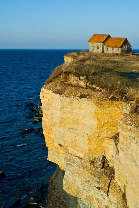 House on seaside cliff. A late afternoon view of a small house built on the edge , #AFFILIATE, #view, #afternoon, #house, #small, #seaside #ad Houses On Cliffs, Seaside Cliff, Cube World, Seaside House, Cliff House, House By The Sea, Seaside Cottage, Home Building, Late Afternoon