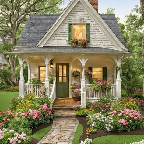 Cozy Homes Exterior, Cute Houses Aesthetic, Small Cute House Exterior, Cute Small House Exterior, Small Cute House, Small Cottage Exterior, Cute Cottage House, Cottage Outside, Retirement Cottage