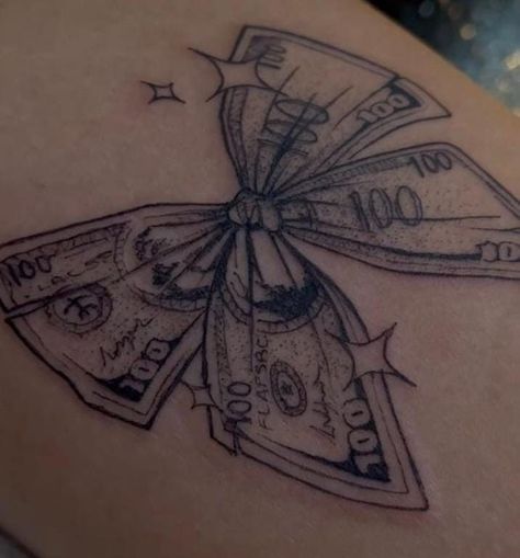 Women Money Tattoo, Money Rose Neck Tattoo, Id Size Tattoos, Lottery Tattoo Ideas, Small Tattoos For Luck, Money Sight Tattoo, Bow Money Tattoo, Butterfly Money Tattoo, Mom Tattoo Designs Mother Daughters