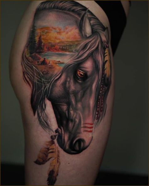 Horse Half Sleeve Tattoo, Horse Tattoo On Thigh, Aztec Horse Tattoo, Horse Tattoo Ideas For Women Leg, Indian Horse Tattoo Native Americans, Horse Tattoo Thigh, Horse And Sunflower Tattoo, Two Horses Tattoo, Horse Sleeve Tattoos For Women