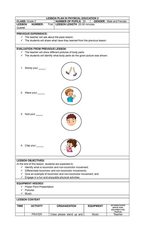 Lesson Plan in Physical Education Grade 2 - LESSON PLAN IN PHYSICAL EDUCATION 2 CLASS: Grade 2 - StuDocu Sports Lesson Plans, Physical Education Lesson Plans, Physical Science Lessons, Physical Education Lessons, Pe Lessons, Health And Physical Education, Science Lesson, Science Lesson Plans, Kindergarten Lesson Plans