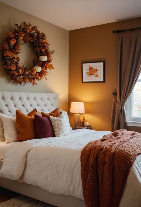 Fall is here, and it’s time to cozy up your bedroom to match the changing season!  As the leaves turn golden and the air gets … Thanksgiving Bedroom Decor, Fall Bedroom Decor Aesthetic, Fall Bedroom Ideas, Cosy Fall, Fall Decor Bedroom, Fall House, Fall Bedroom Decor, Country Ideas, Cozy Fall Bedroom