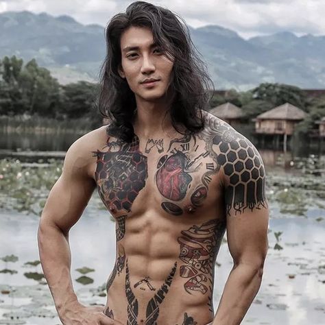 Tattoed Man Aesthetic, Paing Takhon Tattoo, Male Back Tattoo Ideas For Men, Paing Takhon, Cool Tattoos For Guys, Handsome Asian Men, Photography Poses For Men, Pose Reference Photo, Long Hair Styles Men