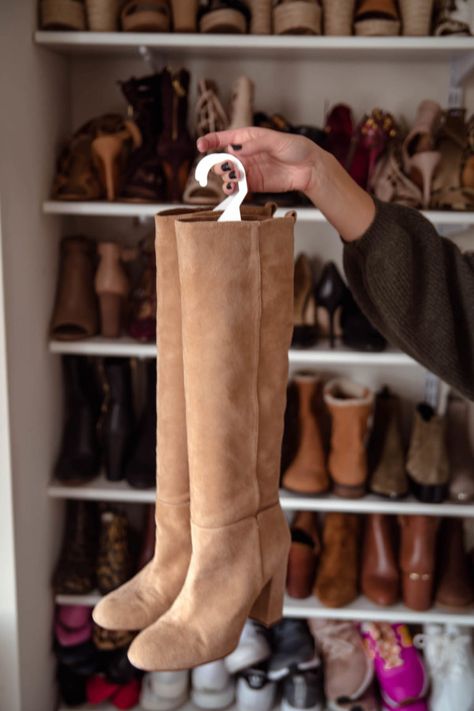 Tall Boot Organization Ideas, Tall Boot Storage Ideas Closet, Tall Boot Storage Ideas, Seasonal Clothes Storage Ideas, Boot Storage Ideas, Tall Boot Storage, Seasonal Clothing Storage, Boot Organizer, Boot Hanger