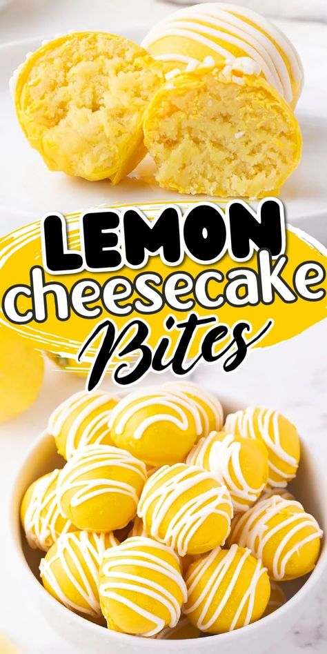 Easy Desserts To Sell Bake Sale, Lemon Cheesecake Bites, Cake Mix Cream Cheese, Lemon Bites, Easy Lemon Cheesecake, Melted Candy, Lemon Cream Cheese Bars, Cheesecake Balls, Cheese Bars