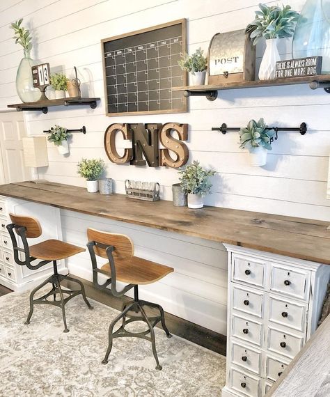 How sweet is @cnsdesignsanddecor office space? 🖥️📚 I mean who could get work done in a room like this?! We would be too busy daydreaming on… Farmhouse Kitchen Desk Area, Kitchen Homework Station, Diy Kitchen Desk Area, Office With Shiplap Wall, Office Shiplap Wall, Small Kitchen Desk Ideas, Farmhouse School Room, Home Office Diy Ideas Budget, Home Office Ideas For Women Rustic