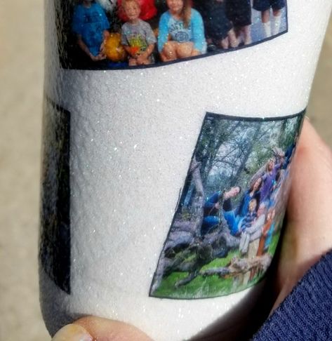 decorated-yeti-cups-diy-mod-podge Tumblers With Pictures, Mod Podge Glitter, Mod Podge Gloss, Picture Cups, Diy Mod Podge, Waterslide Decal Paper, Yeti Cups, Glitter Tumbler Cups, Creative Diy Gifts