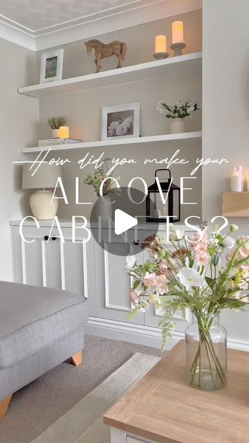 Katie | Home & lifestyle creator on Instagram: "Alcove cabinet Q&A 🌿  Today I’m answering one of my most commonly asked questions - how did you make your alcove cabinets? This is by far my favourite part of the living room and has really helped us to create a modern country space.  Our fab joiner made and fitted these for us and they’re made entirely from MDF. Here’s how it was done;  The cabinet carcasses were assembled elsewhere and then fitted. We added pine moulding from @bandq_uk to the doors and some simple black handles from @amazonuk.  To keep costs down but retain a premium look, the cabinet tops and shelves were made from two 18mm sheets of MDF joined together. It’s very difficult to see the join once they’re sanded, primed and painted.  The shelves are attached to the wall via Shelving Ideas For Alcoves, Alcove Decorating Ideas Living Room, Alcove Shelving Ideas, Painted Alcove Cupboards, Large Alcove Ideas Living Room, Alcove Cabinets Living Room, Alcove Shelf Styling, Diy Alcove Cupboard, Built In Alcove Cupboards