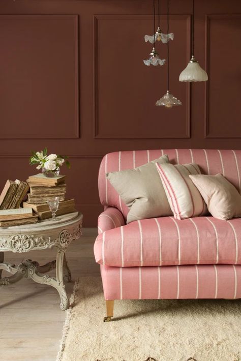 Stripe Sofa, Coral Sofa, Coral Room, Burgundy Walls, Striped Sofa, Bargain Hunt, Toile Wallpaper, Dado Rail, Bold Wallpaper