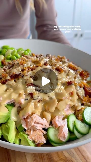 Crispy Salmon Salad, Bluezone Recipes, Crispy Rice Salmon, Tuna Rice Salad, Crispy Rice Salad, Rice Salmon, Salmon Cucumber, Asian Dressing, Toasted Sesame Oil