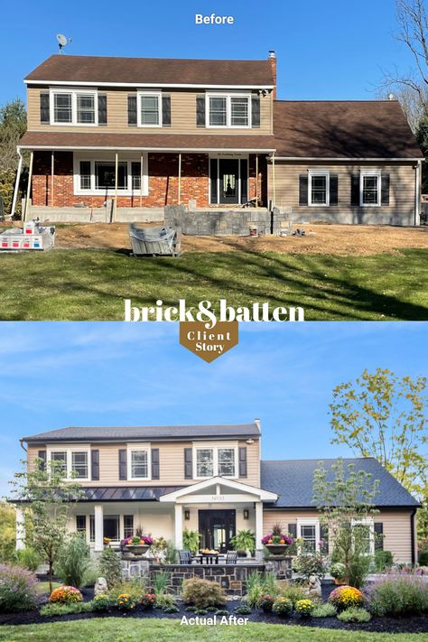 Portico On Brick House, Adding Portico To Front Of House, Colonial Portico Before And After, Upgrade Brick Home Exterior, Updated Colonial Exterior Brick, Portico Entry Colonial Brick, Front Door Portico, Door Portico, Front Door Landscaping