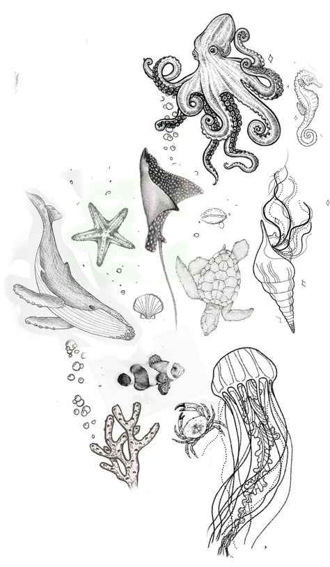 Ocean Theme Leg Tattoo, Ocean Animal Tattoos Sea Creatures, Marine Biology Tattoo Ideas, Sea Creature Tattoo Sleeve, Mermaid Tattoo Sleeve Ocean Themes, Tattoo Ideas Big Pieces, Sea Tatoos Ideas, Marine Animals Tattoo, Sea Fish Tattoo