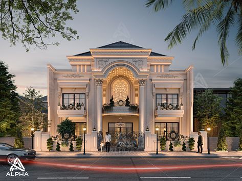 Villa Exterior design on Behance Classic Villa Exterior, Classic Villa Design, Classic Exterior Design, Villa Exterior Design, Building Design Plan, Townhouse Exterior, Villa Project, Vray Render, Mansion Designs