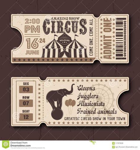 Photo about Circus show horizontal tickets front and back side vector templates in vintage style with sample text on dark textured background. Illustration of cheerful, advertising, elephant - 117073249 Circus Ticket, Circus Tickets, Fashion Show Invitation, Circus Aesthetic, Circus Wedding, Dark Circus, Circus Show, Vintage Ticket, Circus Poster