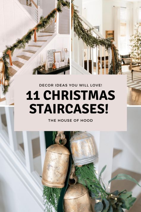 We're sharing Christmas staircase decor ideas over on our blog that you will love! These are easy to recreate and won't break your budget. Head over to our blog for more details and links to everything seen here! Cheap Christmas Staircase Decor, Farmhouse Christmas Banister, Simple Christmas Decor For Stairs, Staircase Ideas Christmas, Decorating Steps For Christmas, Simple Christmas Banister, Christmas Ribbon On Staircase, Stair Garland With Ribbon, Farmhouse Christmas Staircase