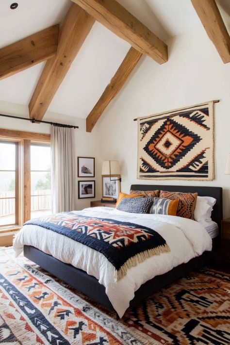 Get a Western-style bedroom with these tips and decor ideas from cow hide rugs to fabrics that evoke the feel of the West. Western Bohemian Bedroom, Pendleton Inspired Bedroom, Native Bedroom Ideas, Western Bedroom Ideas Ranch Style Wall Colors, Southwestern Master Bedrooms Decor, Southwest Bedroom Ideas Santa Fe, Southwest Theme Bedroom, Western Bedrooms Ranch Style, Southwest Bedroom Ideas