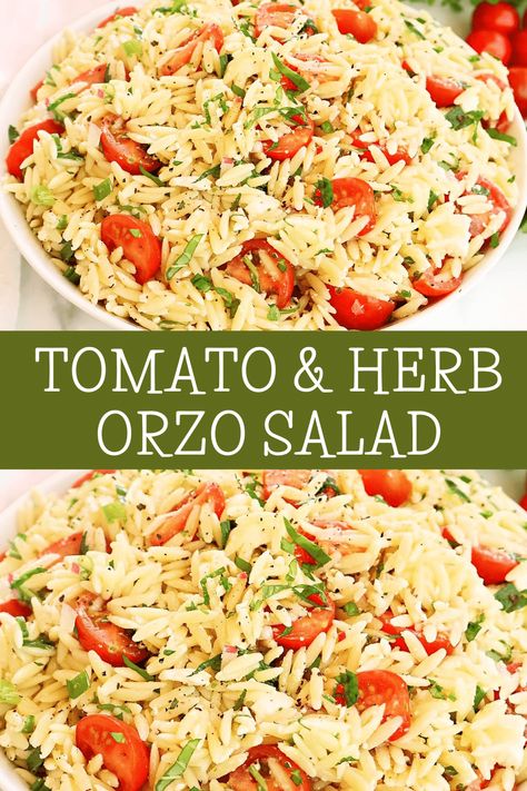 Tomato Orzo Salad ~ Quick and easy pasta salad with garden-fresh tomatoes and herbs in a light lemon dressing. via @thiswifecooks Orzo Tomato Salad, Tomato Orzo Salad, Grape Tomato Salad, Quick And Easy Pasta Salad, Tomato Orzo, Potluck Side Dishes, Orzo Pasta Salad, Vegan Salads, Vegan Thanksgiving Recipes