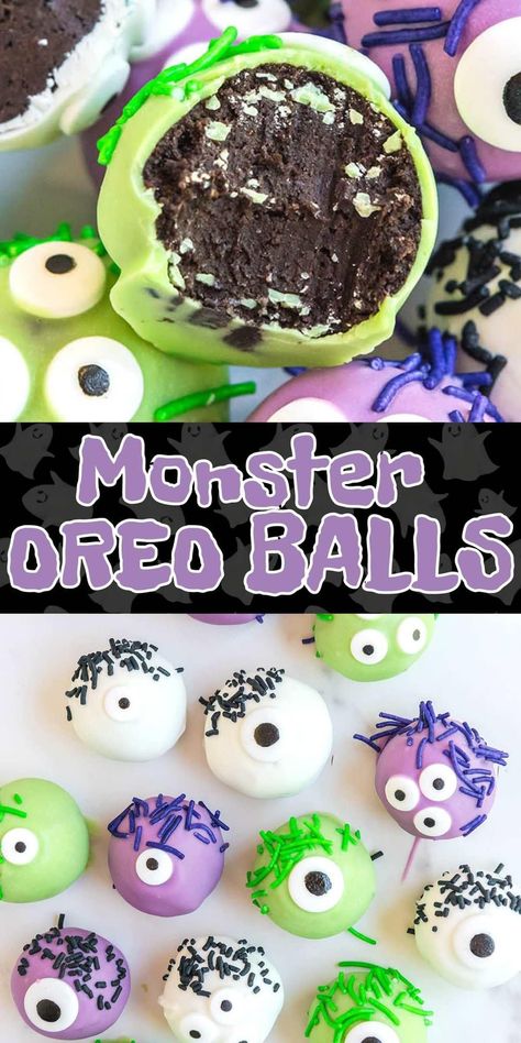 Monster Doughnuts Halloween Treats, Halloween Desserts Oreo Balls, Monster Oreo Balls, Monster Dessert Ideas, Eyeball Oreo Balls, Halloween Candy Mold Ideas, Fun Fall Treats For Kids, Spooky Oreo Balls, Oreo Truffles Halloween