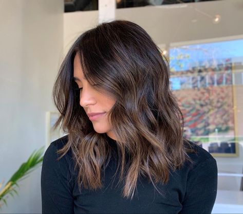 Medium Brown Hair With Subtle Balayage, Dimensional Brunette Mid Length, Thining Hair Short Hairstyles, Short Dark Brown Balayage Hair, Dark Balayage Medium Hair, Collarbone Length Hair Brunette With Highlights, Short Summer Hair Brunette, Short Fall Brunette Hair, Dark Brown Short Hair Balayage