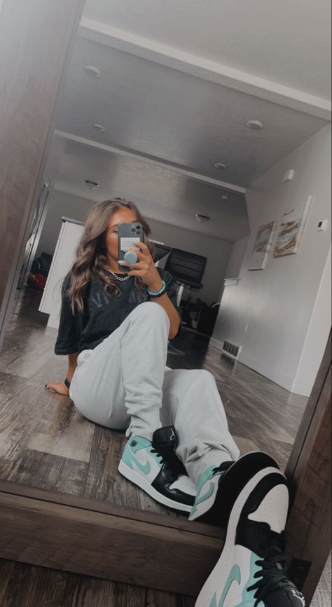 Nike, mirror, pose, teal, Jordan’s, sneakers Creative Photography Poses, Mirror Pose, Cute Mirror, Mirror Selfie Poses, Ideas For Instagram, Ideas For Instagram Photos, Selfie Poses, Taking Pictures, Creative Photography