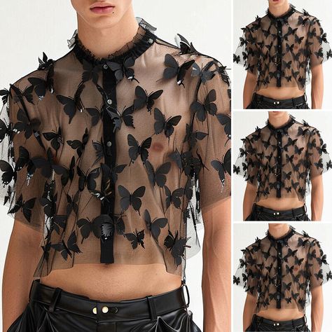 UK Mens Short Sleeve ButterflyPrint Holiday Sheer Crop Tops Party Blouse T Shirt  | eBay Men Crop Top, Dark Butterfly, Be Private, Shirt Patchwork, Incerun Men, Fantasy Ball, Blouse Man, Butterfly Fashion, Corset Blouse